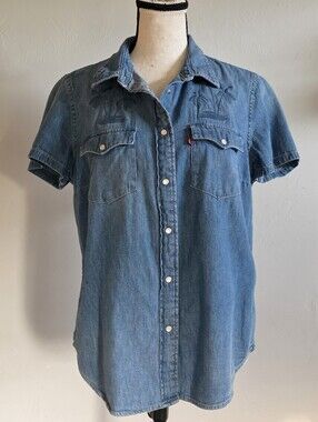 Levi's Short Sleeve Embroidered Western Denim Shirt Blue Palm Tree Size Medium